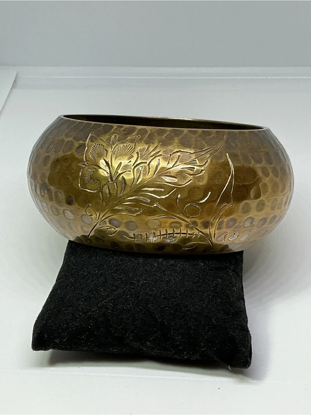 Vintage Hammered Brass Wide Cuff Bangle Bracelet Etched Thistle Floral Design